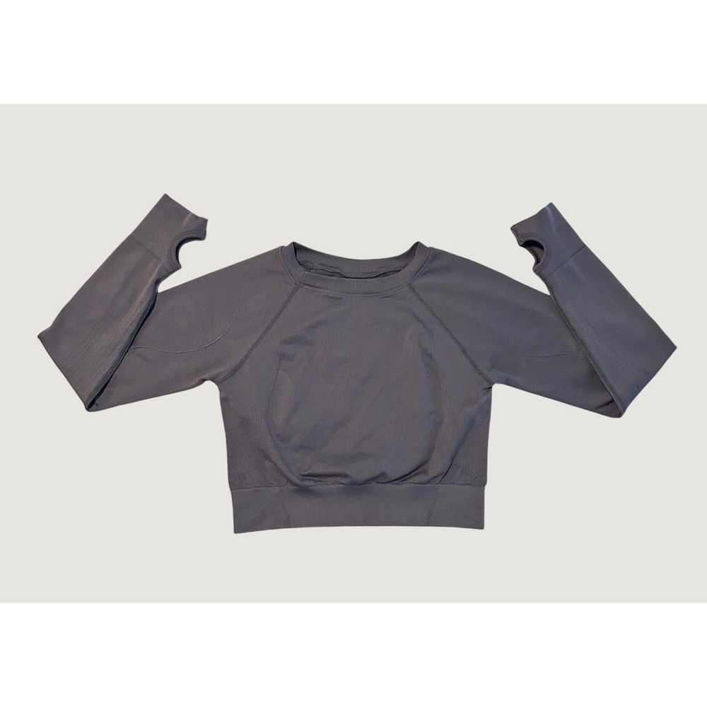 Seamless Long Sleeve Crop Top Gray Thumbhole Yoga Gym Shirt Womens M 1479